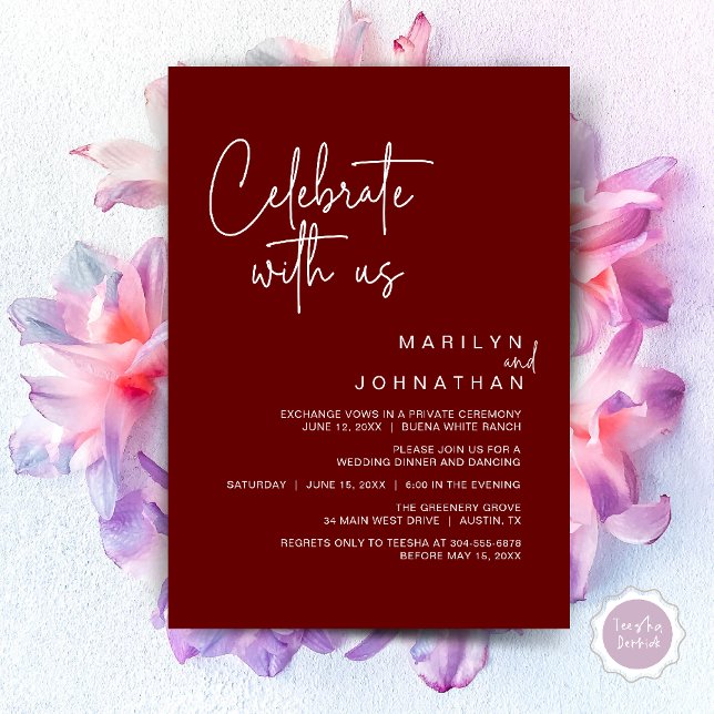 Invitation Célébrez avec nous, Dîner de Mariage Intime (Celebrate with us, Modern Wedding Elopement Dinner Lunch Brunch Party Invites Card PDF Burgundy Wine)