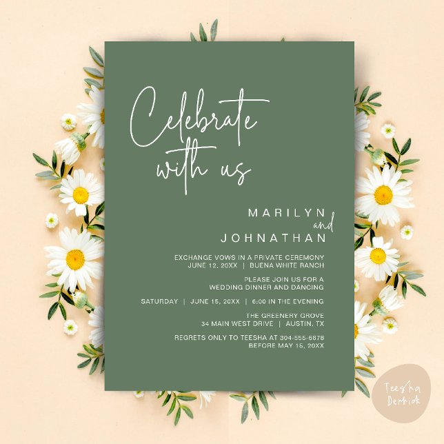 Invitation Célébrez avec nous, Dîner de Mariage Intime (Celebrate with us, Modern Wedding Elopement Dinner Lunch Brunch Party Invites Card PDF Sage Green)