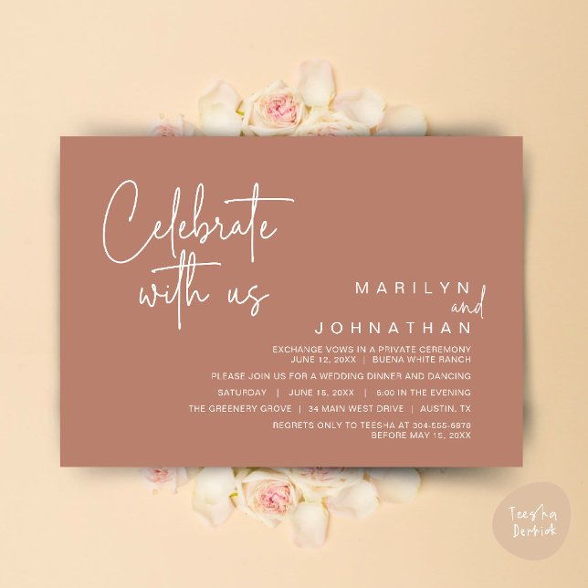 Invitation Célébrez avec nous, Dîner de Mariage Intime (Celebrate with us, Modern Wedding Elopement Dinner Lunch Brunch Party Invites Card PDF Earthy Brown)