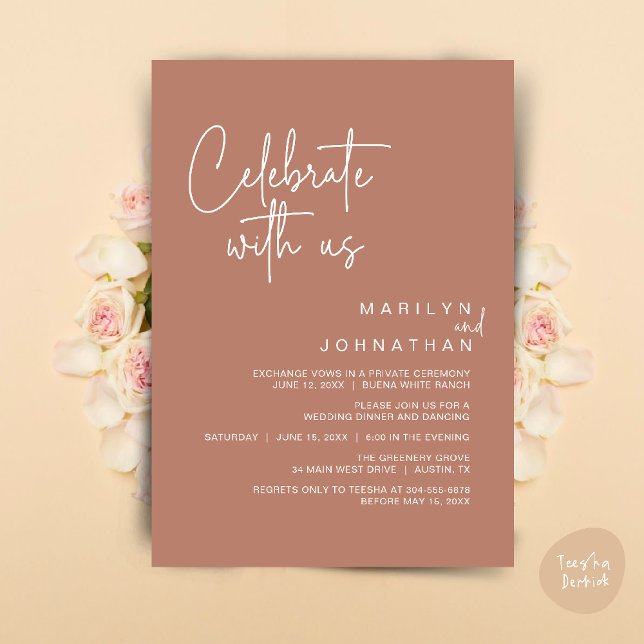 Invitation Célébrez avec nous, Dîner de Mariage Intime (Celebrate with us, Modern Wedding Elopement Dinner Lunch Brunch Party Invites Card PDF Earthy Brown)