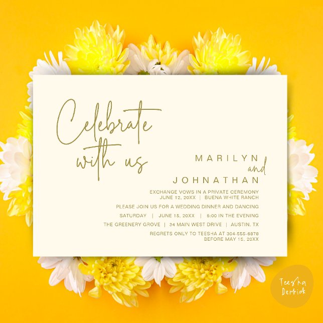 Invitation Célébrez avec nous, Dîner de Mariage Intime (Celebrate with us, Modern Wedding Elopement Dinner Lunch Brunch Party Invites Card PDF Yellow Gold)