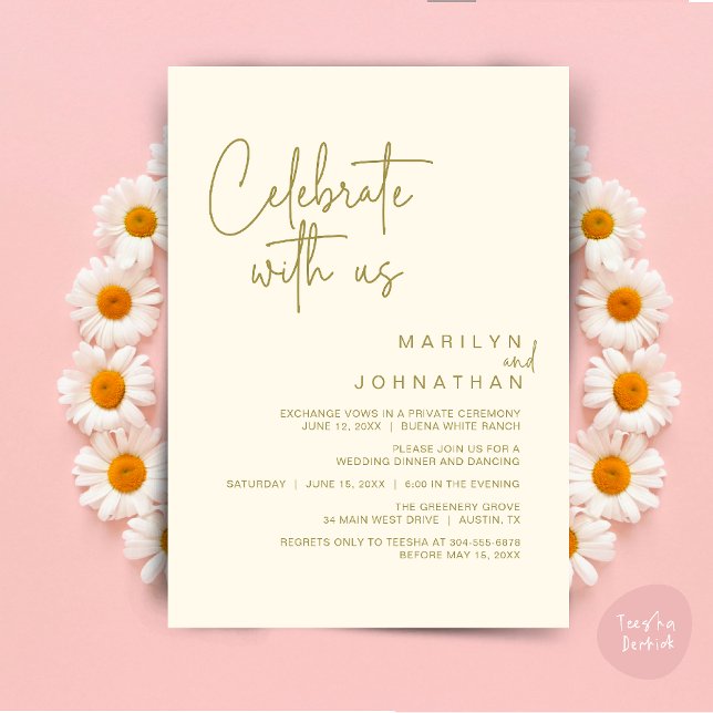 Invitation Célébrez avec nous, Dîner de Mariage Intime (Celebrate with us, Modern Wedding Elopement Dinner Lunch Brunch Party Invites Card PDF Yellow Gold)