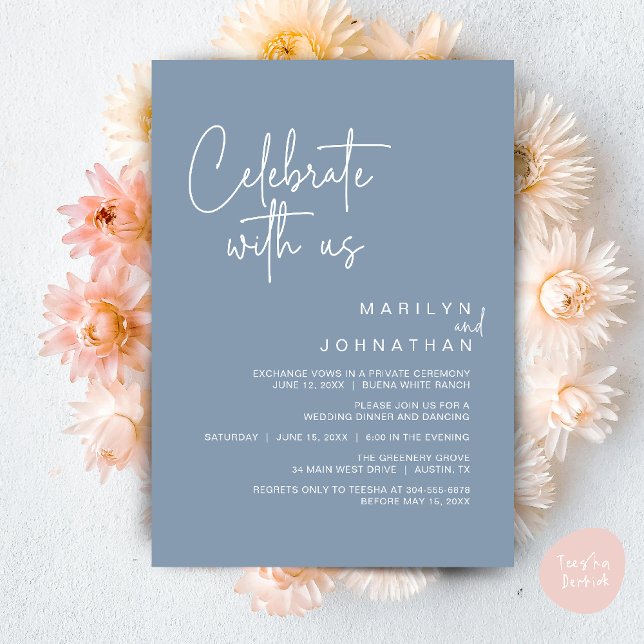 Invitation Célébrez avec nous, Dîner de Mariage Intime (Celebrate with us, Modern Wedding Elopement Dinner Lunch Brunch Party Invites Card PDF Dusty Blue)