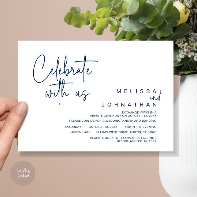 Invitation Célébrez avec nous, Dîner de Mariage Intime (Celebrate With Us, Wedding Elopement Dinner Invitation Card, PDF, in Navy Blue)