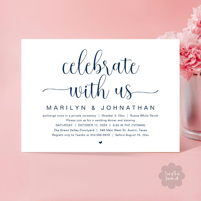 Invitation Célébrez avec nous, Dîner de Mariage Intime (Celebrate with us, Wedding Elopement Dinner Party Dancing Invitation Card PDF Navy Blue)