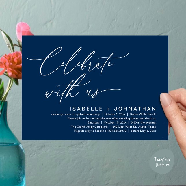 Invitation Célébrez avec nous, dîner de mariage romantique (Celebrate with us, Romantic Wedding Dinner Brunch Party Invites Card PDF Modern Classy Navy Blue)