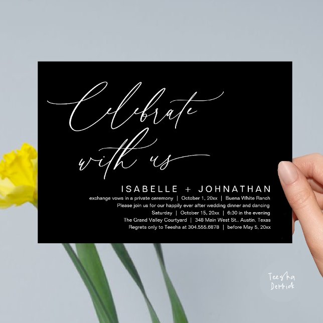 Invitation Célébrez avec nous, dîner de mariage romantique (Celebrate with us, Romantic Wedding Dinner Brunch Party Invites Card PDF Modern Classy Black White)