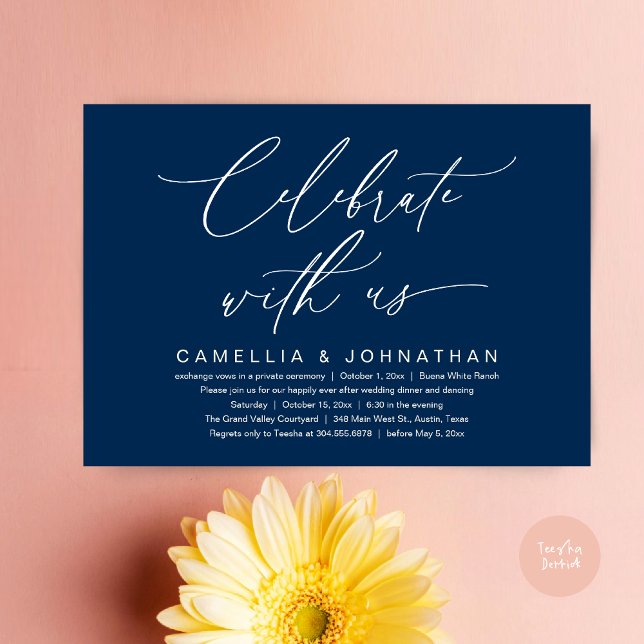 Invitation Célébrez avec nous, dîner de mariage romantique (Romantic Wedding Dinner Party, Celebrate with us Lunch Brunch Modern Invites Card  PDF Navy Blue)
