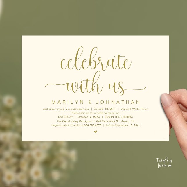 Invitation Célébrez avec nous Dîner de réception de mariage é (Celebrate With Us Elegant Modern Wedding Reception Dinner Invitation Card in Gold Yellow Cream)