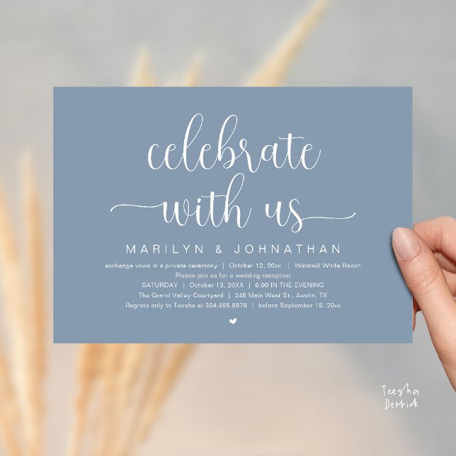 Invitation Célébrez avec nous Dîner de réception de mariage é (Celebrate With Us Elegant Modern Wedding Reception Dinner Invitation Card in Dusty Blue)
