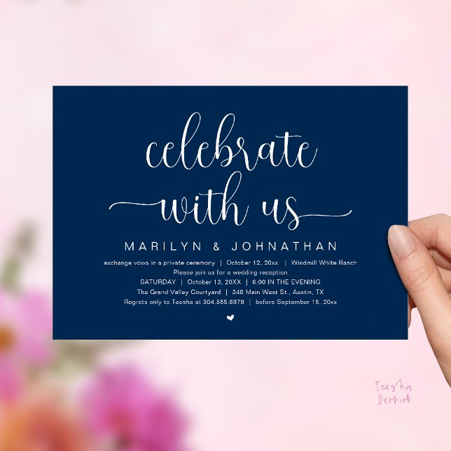 Invitation Célébrez avec nous Dîner de réception de mariage é (Celebrate With Us Elegant Modern Wedding Reception Dinner Invitation Card in Navy Blue)