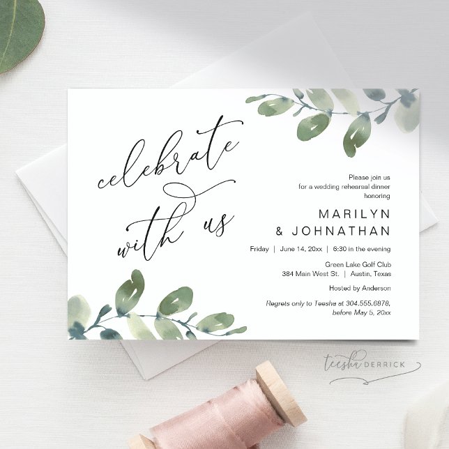 Invitation Célébrez avec nous, Dîner de répétition Mariage (Celebrate with us, Wedding Rehearsal Dinner Invitation Card, Downloadable, Greenery Eucalyptus theme)