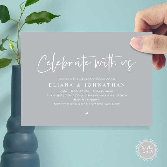 Invitation Célébrez avec nous, Dîner de répétition Mariage (Celebrate with us, Wedding Rehearsal Dinner Party Invitation Card, PDF, Modern Casual, in Chill Grey)
