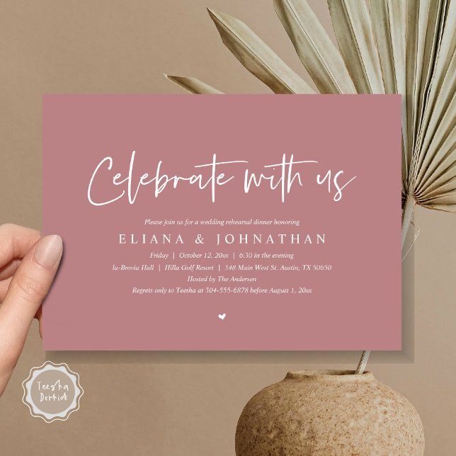 Invitation Célébrez avec nous, Dîner de répétition Mariage (Celebrate with us, Wedding Rehearsal Dinner Party Invitation Card, PDF, Modern, in Dusty Rose Pink)