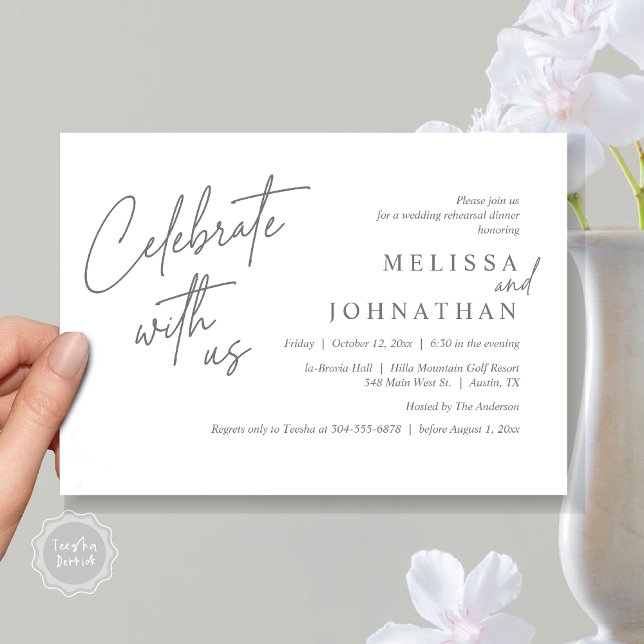 Invitation Célébrez avec nous, Dîner de répétition Mariage mo (Celebrate with us, Modern Wedding Rehearsal Dinner Invitation Card, PDF, in Dark Grey)