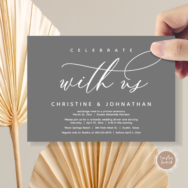 Invitation Célébrez avec nous, Dîner Mariage moderne Elopemen (Celebrate with us, Modern Wedding Elopement Dinner Invitation Card, PDF, Modern Romantic Dark Grey)