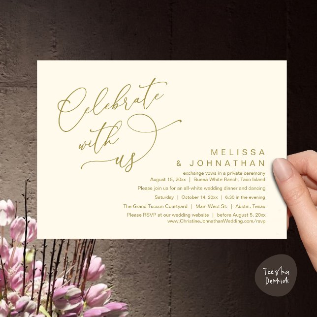 Invitation Célébrez avec nous, Dîner Mariage romantique (Celebrate With Us, Romantic Wedding Dinner Party Lunch Brunch Invitation Card PDF Yellow Gold)