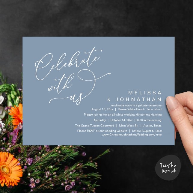 Invitation Célébrez avec nous, Dîner Mariage romantique (Celebrate With Us, Romantic Wedding Dinner Party Lunch Brunch Invitation Card PDF Dusty Blue)