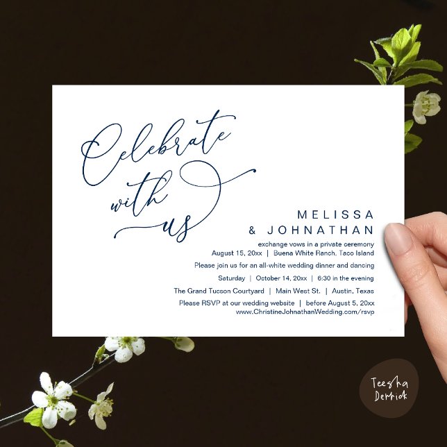 Invitation Célébrez avec nous, Dîner Mariage romantique (Celebrate With Us, Romantic Wedding Dinner Party Lunch Brunch Invitation Card PDF Classy Navy Blue)