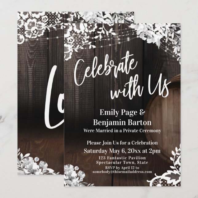 Invitation Célébrez avec nous en tonneau de bois Fleurs de de (Devant / Derrière)