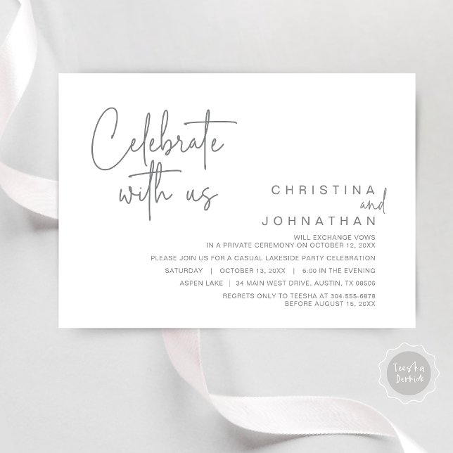 Invitation Célébrez avec nous, Fête de Mariage après Évasion  (Celebrate with us, Modern Wedding Elopement Dinner Party Invitation Card, PDF, in Dark Grey)