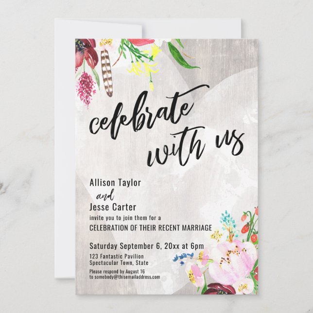 Invitation Célébrez avec nous Fleur Boho Rustique Bois Coeur (Devant)