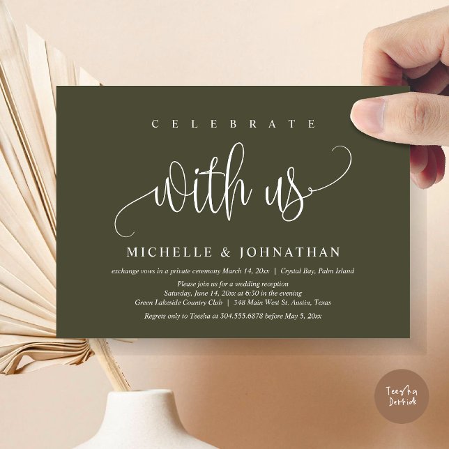 Invitation Célébrez Avec Nous, Mariage Elopement Célébration (Celebrate with us, Modern Wedding Elopement Dinner Party Invitation Card, PDF, in olive green)