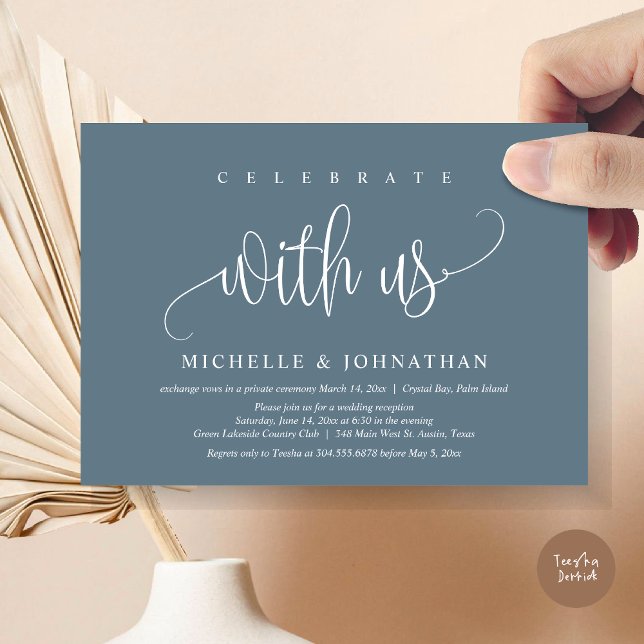 Invitation Célébrez Avec Nous, Mariage Elopement Célébration (Celebrate with us, Modern Wedding Elopement Dinner Party Invitation Card, PDF, in Dusty Blue)