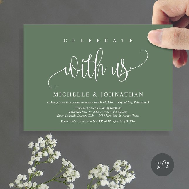 Invitation Célébrez Avec Nous, Mariage Elopement Célébration (Celebrate with us, Modern Wedding Elopement Dinner Party Invitation Card, PDF, in Forest Sage Green)
