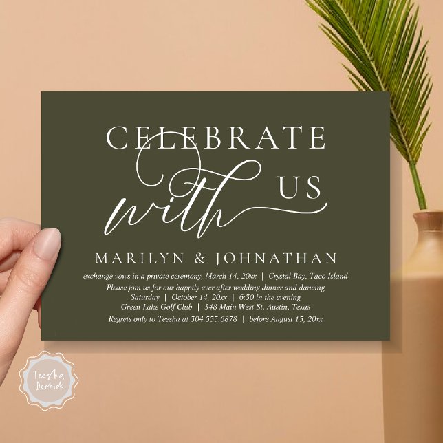 Invitation Célébrez avec nous Mariage Elopement Diner Dancing (Celebrate with us Wedding Elopement Dinner Dancing Invitation Card, PDF, Olive Green)