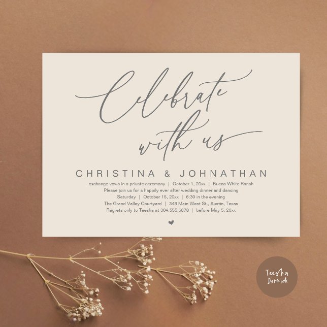 Invitation Célébrez Avec Nous Mariage Elopement Diner Party (Celebrate With Us Romantic Wedding Elopement Dinner Brunch Lunch Party Invites Card PDF Cream Grey)