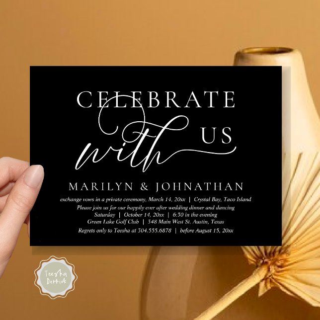 Invitation Célébrez avec nous Mariage Évasion Dîner Danse (Celebrate with us Wedding Elopement Dinner Dancing Invitation Card, PDF, Classy Black)