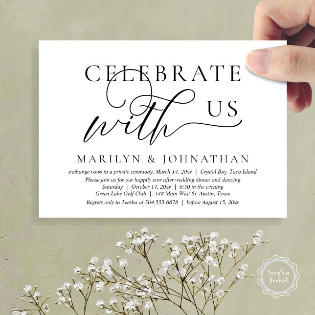 Invitation Célébrez avec nous Mariage Fugue Noces Danse (Celebrate with us Wedding Elopement Dinner Dancing Invitation Card, PDF, Black White)