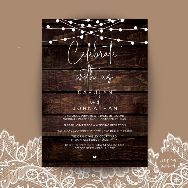Invitation Célébrez avec nous, Mariage Fuite de String Lights (Celebrate with us, Wedding Elopement String Lights Invitation Card Brown Wood)
