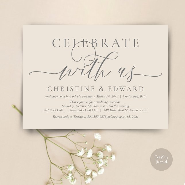 Invitation Célébrez avec nous, Mariage Intime, Crème et Gris (Celebrate with us, Romantic Modern Wedding Elopement Invitation Card, PDF, in Cream Grey)