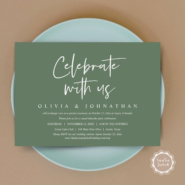 Invitation Célébrez avec nous, Mariage Intime et Décontracté (Celebrate With Us, Wedding Elopement Brunch, Lunch, Dinner Party Invitation Card, PDF, Sage Green)