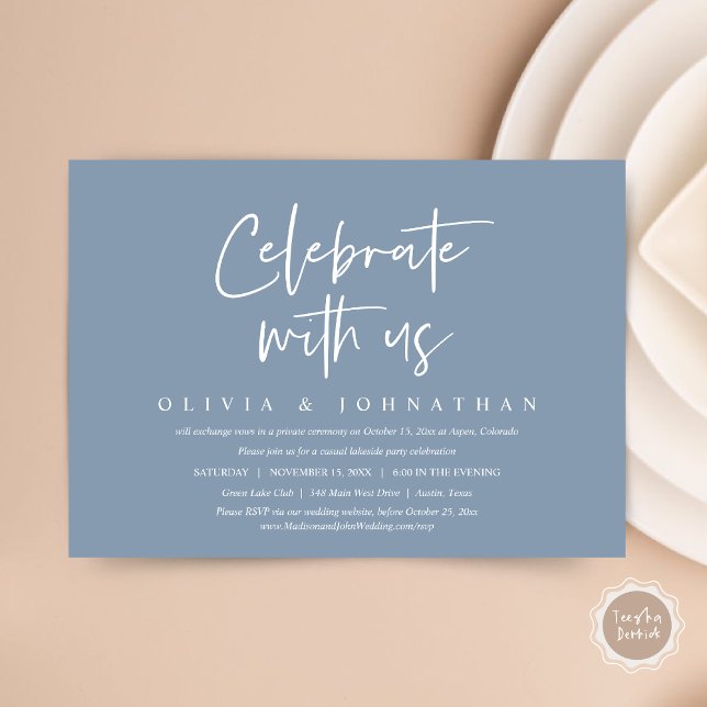 Invitation Célébrez avec nous, Mariage Intime et Décontracté (Celebrate With Us, Wedding Elopement Brunch, Lunch, Dinner Party Invitation Card, PDF, Dusty Blue)