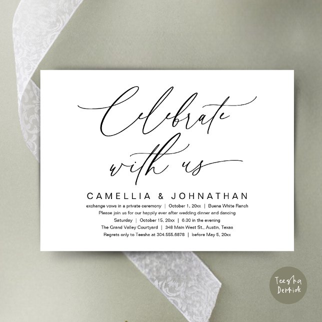 Invitation Célébrez avec nous, Mariage romantique Diner Party (Romantic Wedding Dinner Party, Celebrate with us Lunch Brunch Modern Invites Card  PDF White Black)