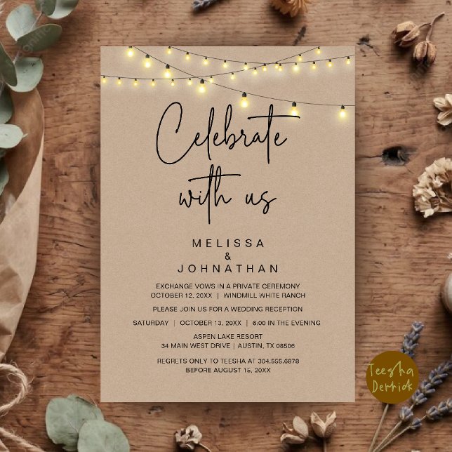 Invitation Célébrez avec nous, mariage rustique et fuguitive  (Celebrate With Us, Rustic String Lights Wedding Elopement Party Invitation Card in Brown Kraft)