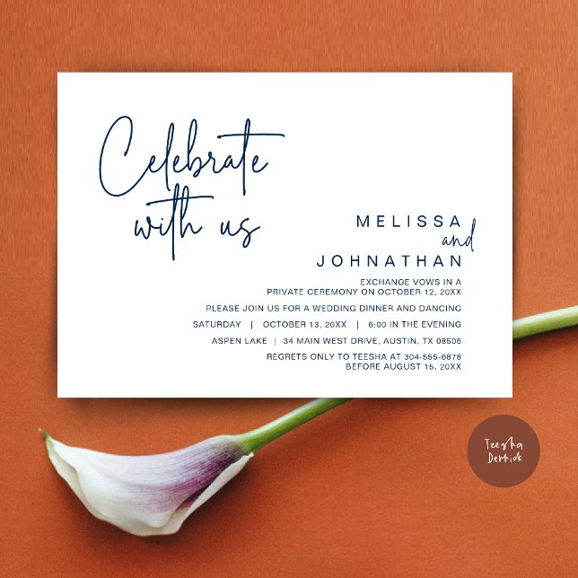 Invitation Célébrez avec nous, Post Mariage Elopement Party (Celebrate with us, Post Wedding Elopement Dinner Party Invitation Card, PDF, in Navy Blue)