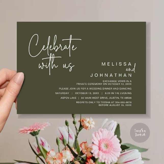 Invitation Célébrez avec nous, Post Mariage Elopement Party (Celebrate with us, Post Wedding Elopement Dinner Party Invitation Card, PDF, in Olive Green)