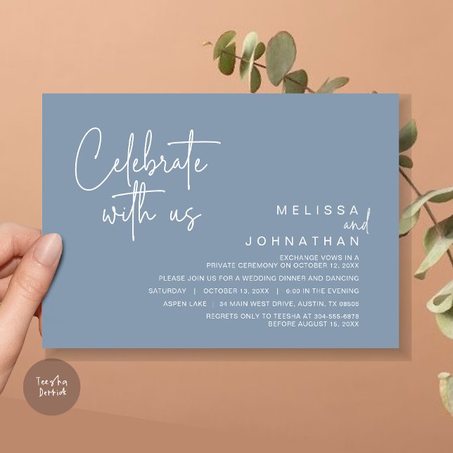 Invitation Célébrez avec nous, Post Mariage Elopement Party (Celebrate with us, Post Wedding Elopement Dinner Party Invitation Card, PDF, in Dusty Blue)
