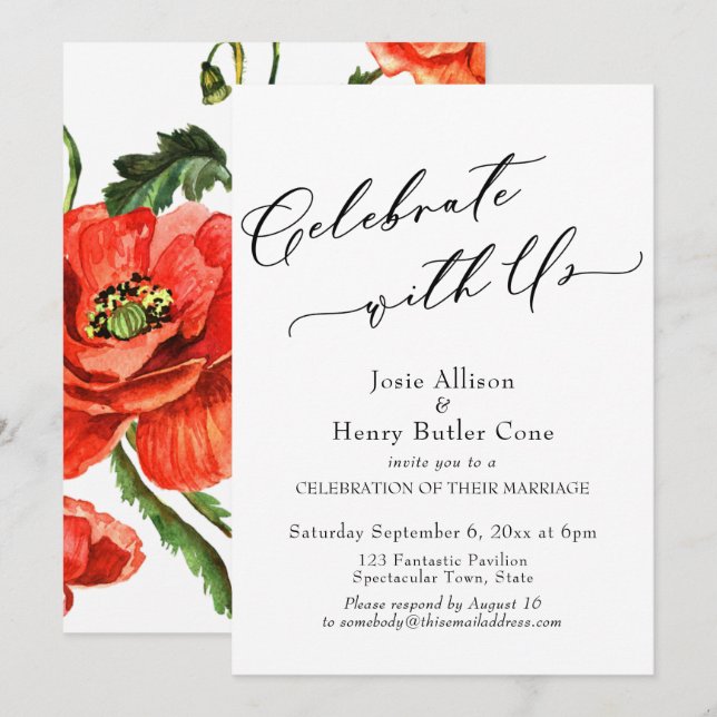 Invitation Célébrez avec nous Réception de Mariage, Coquelico (Devant / Derrière)
