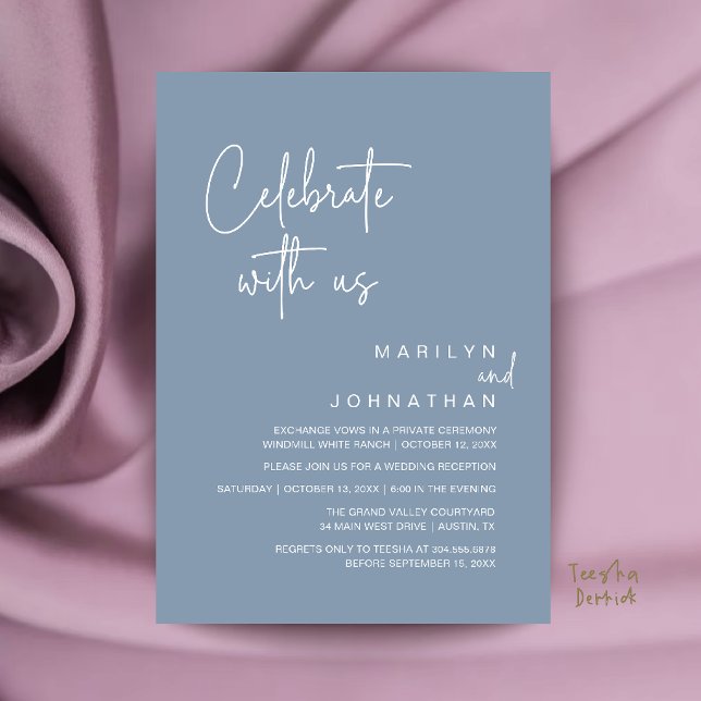 Invitation Célébrez avec nous, réception de mariage moderne (Celebrate with us, Modern Wedding Reception Dinner Party Invitation Card in Dusty Blue)