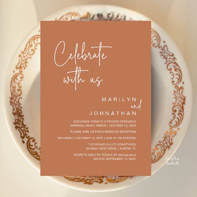 Invitation Célébrez avec nous, Réception de Mariage Moderne (Celebrate with us, Modern Wedding Reception Dinner Party Invitation Card in Copper Brown Terracotta)