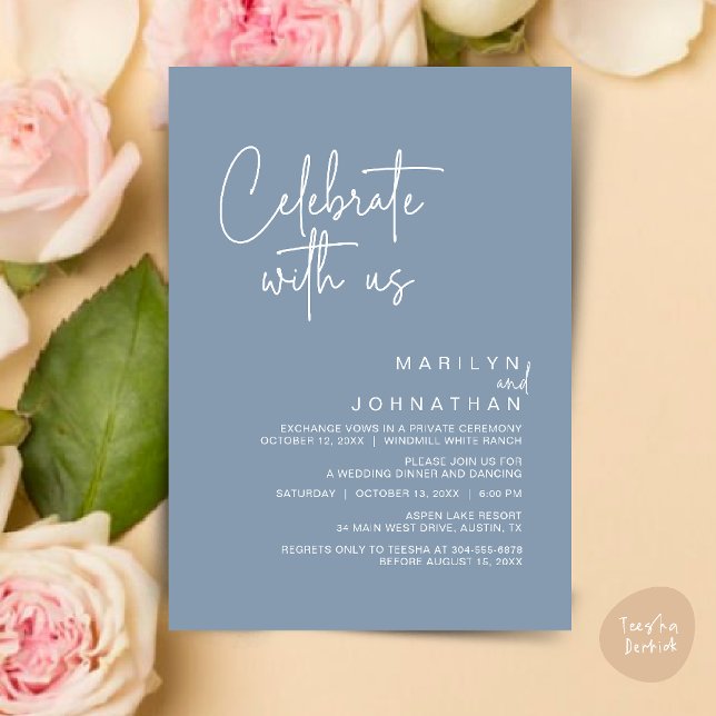 Invitation Célébrez avec nous, Réception de mariage moderne (Celebrate with us, Post Wedding Elopement Party Dinner Brunch Lunch Invitation Card PDF Dusty Blue)