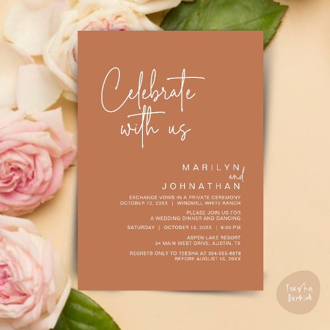 Invitation Célébrez avec nous, Réception de mariage moderne (Celebrate with us, Post Wedding Elopement Party Dinner Brunch Lunch Invitation Card PDF Copper Brown)