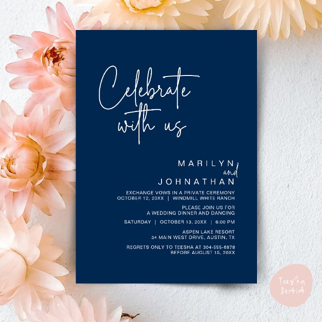 Invitation Célébrez avec nous, Réception de mariage moderne (Celebrate with us, Post Wedding Elopement Party Dinner Brunch Lunch Invitation Card PDF Navy Blue)