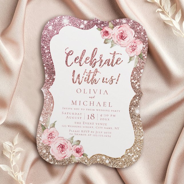 Invitation Célébrez avec nous ! Rose gold et floral scintilla (Celebrate With Us! Sparkle rose gold and floral Invitation)
