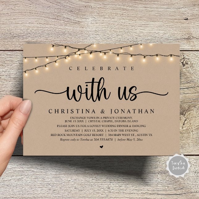 Invitation Célébrez avec nous, Rustic Mariage Dinner Elopemen (Celebrate with us, Rustic Wedding Dinner Elopement Invitation Card, PDF, String Lights Brown Kraft)